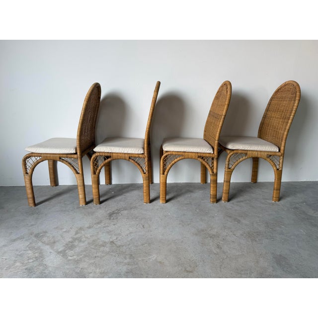 Wood Vintage Coastal Organic Woven Wicker & Metal Frame Dining Chairs – Set of 4 For Sale - Image 7 of 12