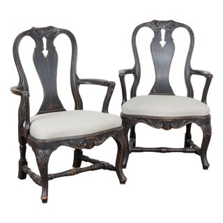 Pair of 19th Century Black Painted Swedish Rococo Armchairs For Sale