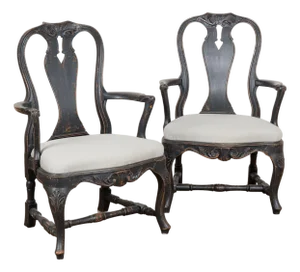 Pair of 19th Century Black Painted Swedish Rococo Armchairs