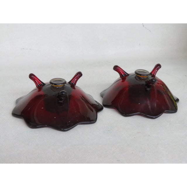Fenton Style 3 Footed Ruby Red Glass Candle Stick Holders a Pair For Sale In Miami - Image 6 of 12