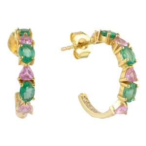 14k Gold Emerald & Pink Sapphire Handmade C-Hoops Earrings - 2 Pieces