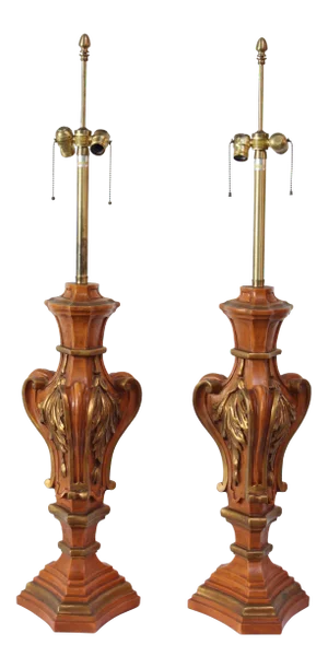 Oversized Hollywood Regency Carved and Gilded Table Lamps by Marbro - a Pair