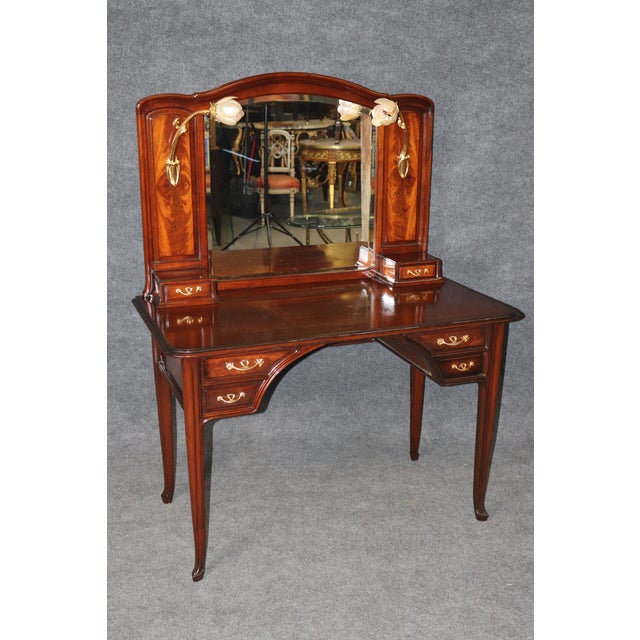 Wood 1920's Art Nouveau Mahogany Ormolu Mounted Vanity and Majorelle Stool For Sale - Image 7 of 14