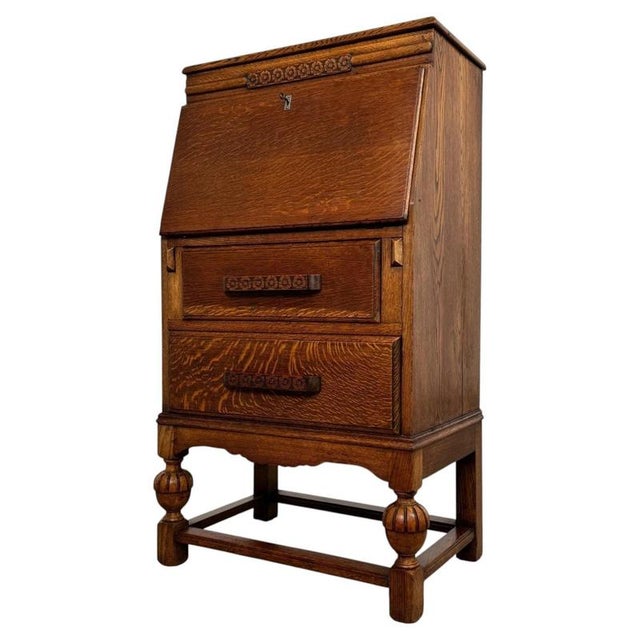 Glass Antique English Golden Oak Secretaire with Mirrored Interior, 1900s For Sale - Image 7 of 14