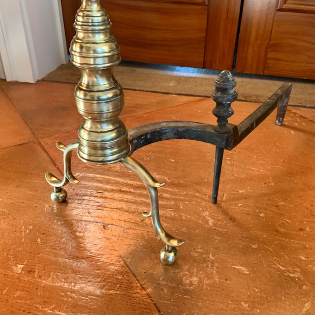 Pair of Antique American Brass Andirons With Turned Finials For Sale - Image 11 of 13