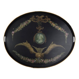 Vintage Hand Painted Tole Tray Black Lacquer With Classical Cameo Portrait and Golden Owl Motif For Sale