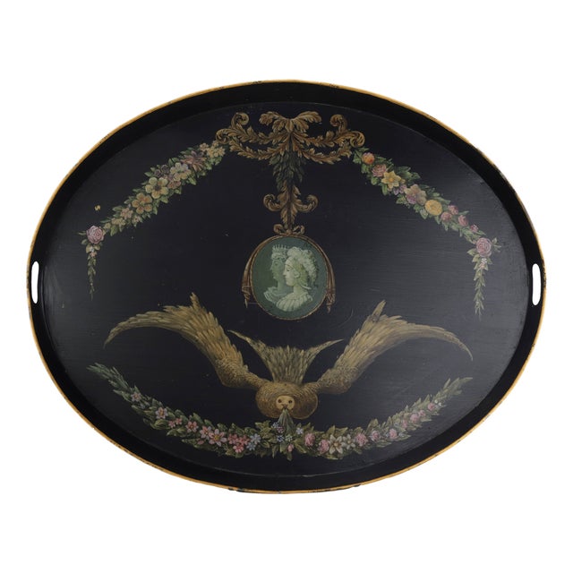 Vintage Hand Painted Tole Tray Black Lacquer With Classical Cameo Portrait and Golden Owl Motif For Sale
