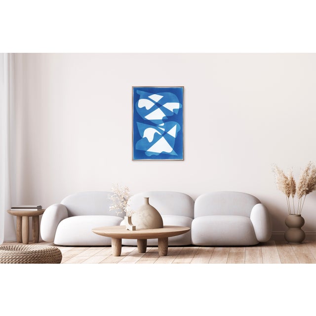 Ink Blue 2026, Mid Century Modern Shapes, the Glass House, Handmade Unique Monotype Cyanotype on Watercolor Paper For Sale - Image 8 of 8