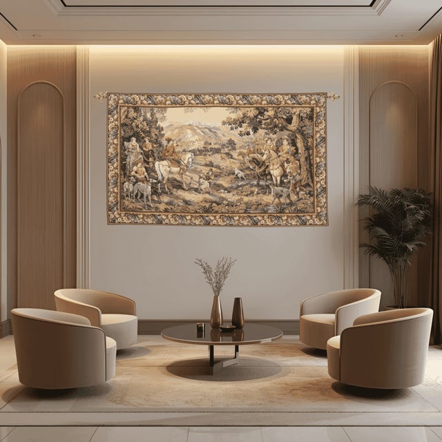 This tapestry depicts a noble hunting scene after the artist C. Detti, with characters dressed in richly-detailed 17th...