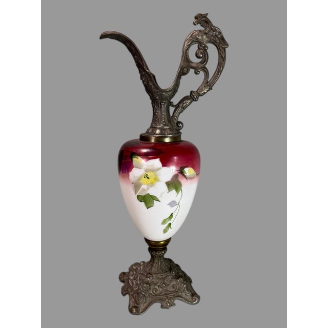 Glass Antique Victorian Ornate Cast Metal & Floral Hand Painted Art Glass Ewer For Sale - Image 7 of 7