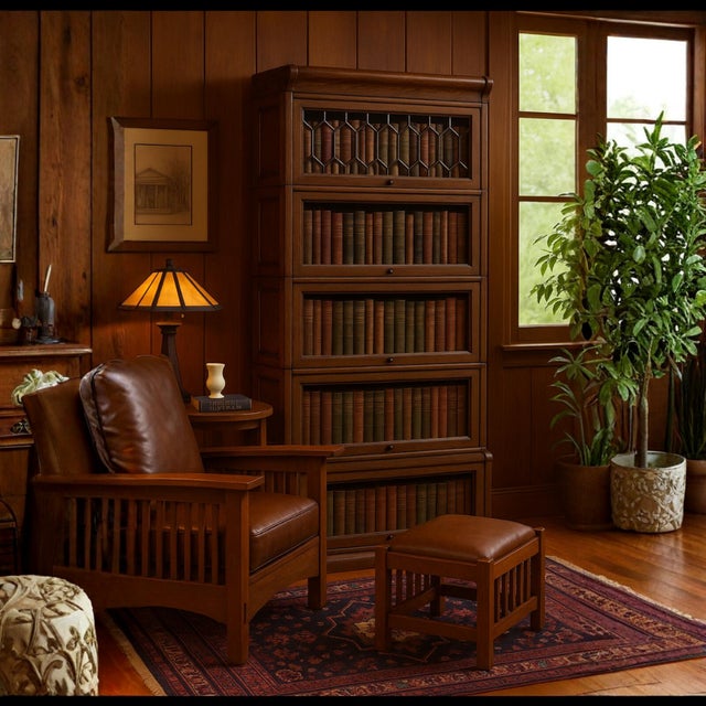 Mission Style Oak Barrister Bookcase 5 Stack-Leaded Glass in Walnut Stain For Sale - Image 16 of 18