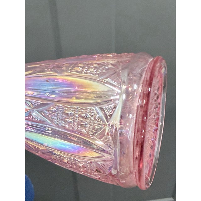 1960s l.e. Smith Pink Iridescent Carnival Glass Swung Vase, "Diamond Butt" Pattern. Approx 17.5” Tall For Sale - Image 9 of 12