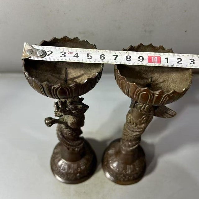 Traditional Pair of Bronze Dragon & Phoenix Candlesticks – 6.7" Figural Candle Holders For Sale - Image 3 of 9