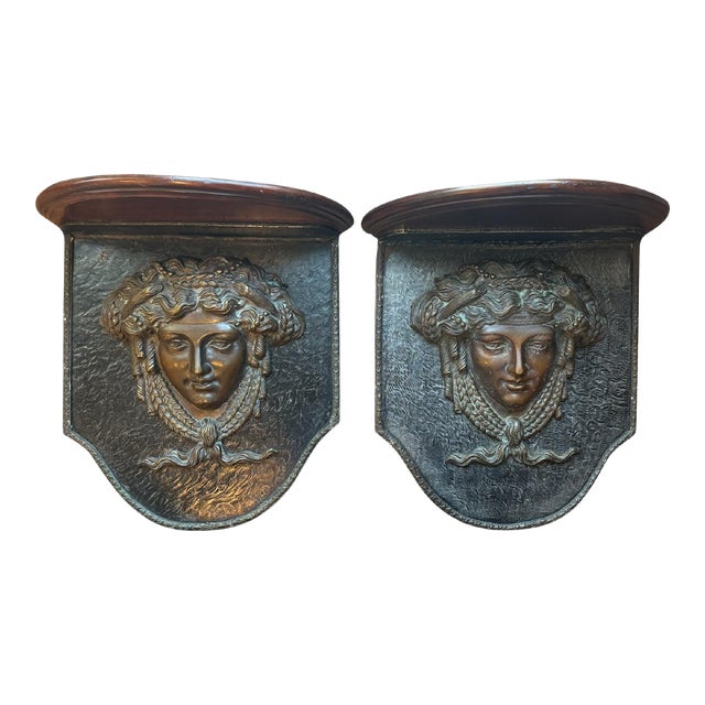 Pair of Bronze and Iron Versace-Style Medusa Corbel Shelves For Sale