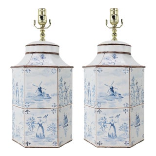 A Pair of Vintage Hand-Painted Blue and White Imitation Dutch Tile Landscape Tea Can Table Lamps For Sale
