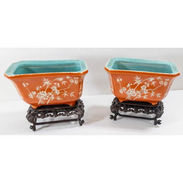 Early 20th Century 20th Century Pair of Chinese Iron Red Orange Glazed Floral Planters on Stands For Sale - Image 5 of 12