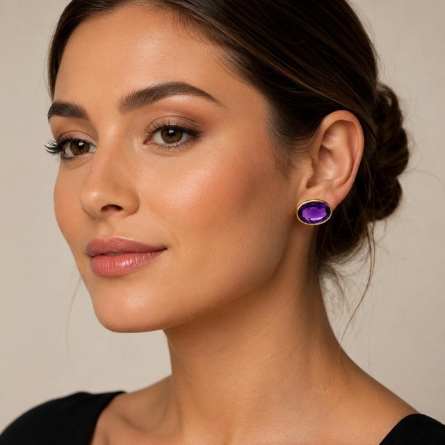 14k East-West mounted oval amethyst earrings, 8.54 grams