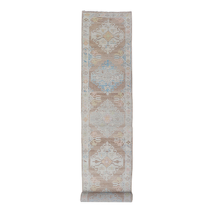 Long Turkish Oushak Runner With Pale Blue, Soft Yellow, and Light Brown Motifs