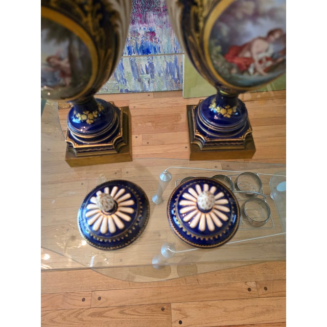 Antique Cobalt Blue Porcelain Pr Urns Attributed to Sevres | Chairish