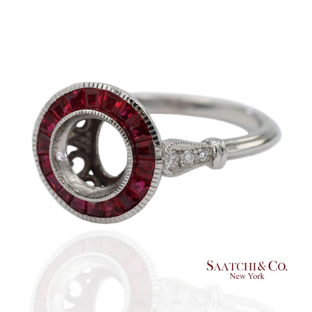 Contemporary 14k (585) White Gold Natural Brilliant Diamond Semi Mount Ruby Ring Size 7 For Sale - Image 3 of 10