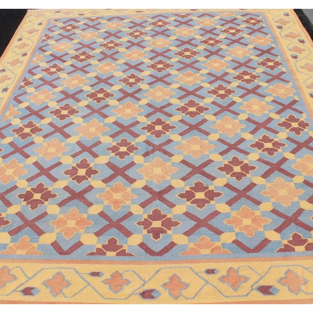 Textile Vintage Flat Weave Cotton Dhurrie With Star Pattern in Blue, Yellow & Brown Red For Sale - Image 7 of 13