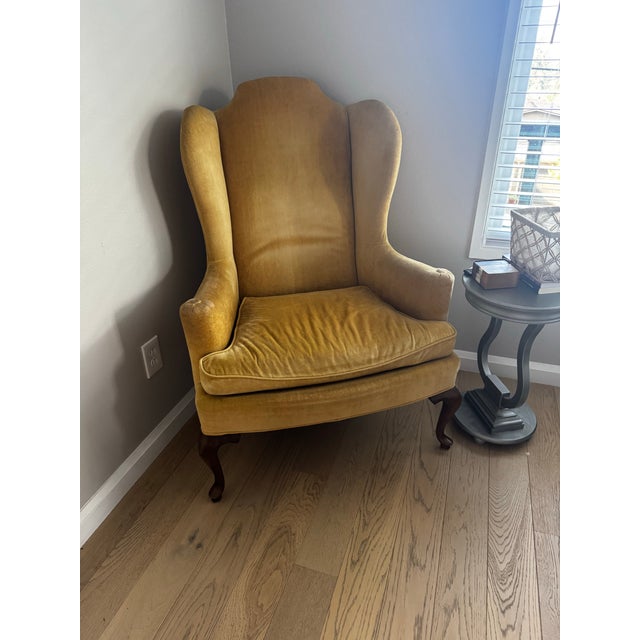 Drexel Vintage Drexel Mustard Gold Velvet Wingback Chair For Sale - Image 4 of 12