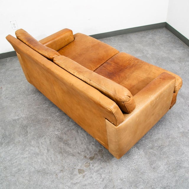 Tan Mid Century Danish Modern Sofa Settee 2 Seater Tan Vante Leather Cognac Couch For Sale - Image 8 of 12