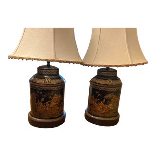 Pair of Chinoiserie Tole Tea Caddy Table Lamps No. 5 & 6 – Black & Gilt – Working For Sale