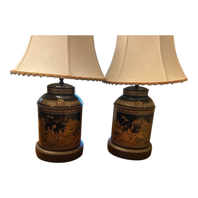 Pair of Chinoiserie Tole Tea Caddy Table Lamps No. 5 & 6 – Black & Gilt – Working For Sale