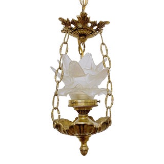 Vintage 1930s Brass Lantern With Frosted Glass Shade For Sale