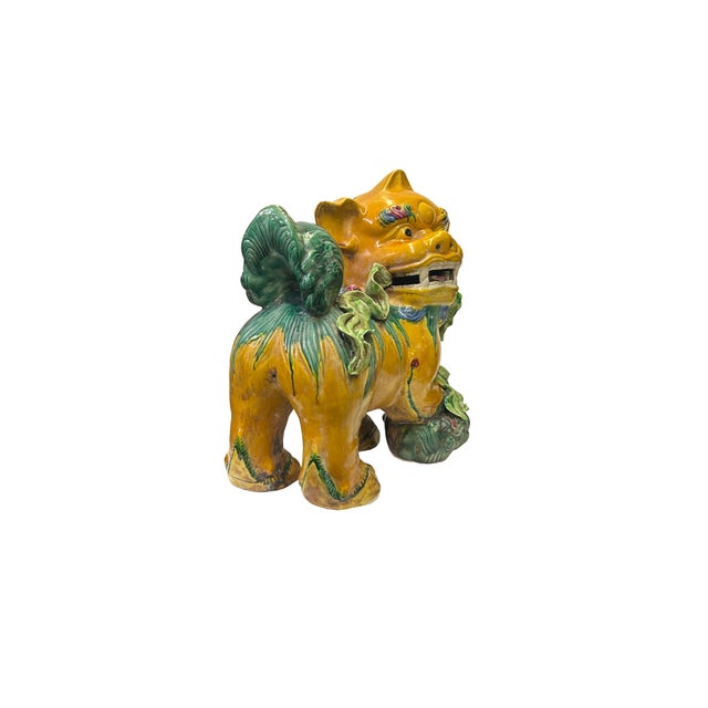 Chinese Pair Vintage Chinese Yellow Green Ceramic Fengshui Foo Dog Lion Figures For Sale - Image 3 of 9