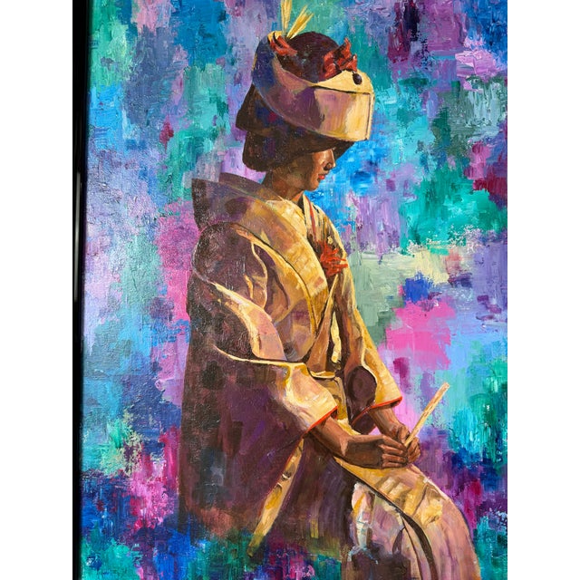 1980’s Marion Swartz Japanese Lady Oil Painting – Vibrant Impressionist Portrait, Black Lacquer Frame For Sale - Image 9 of 11