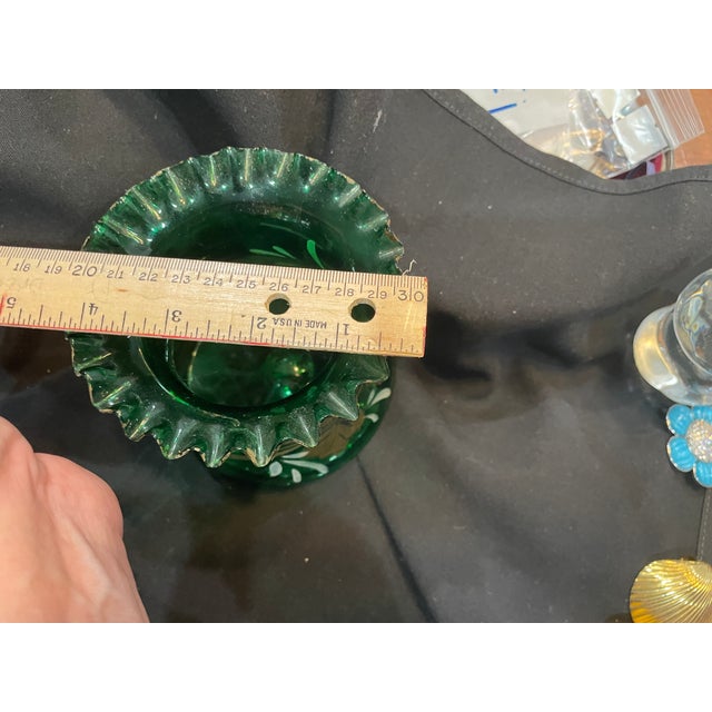 Vintage Bohemian Hand Blown Green Glass Ruffle Vase With Hand-Painted Gold Enamel Flower Pattern and Leaves For Sale - Image 6 of 7