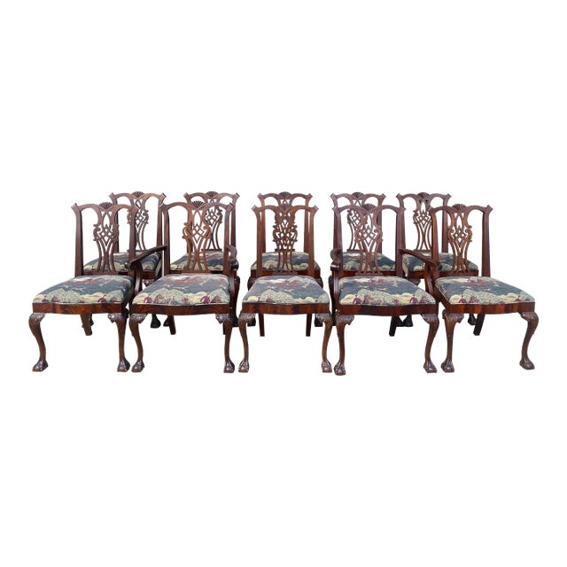 Set of 10 1940s Flamed Mahogany Chippendale Style Dining Chairs For Sale