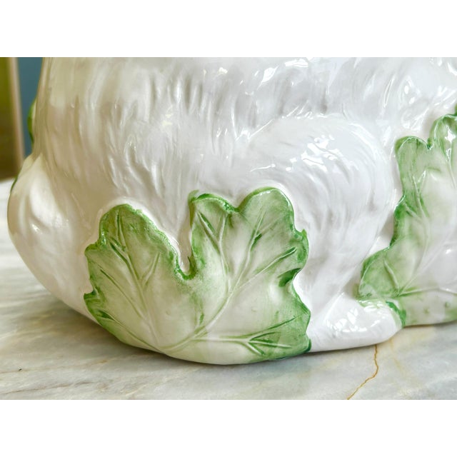 Majolica Vintage Hand Painted Bunny Rabbit Planter in Cabbage Leaves For Sale - Image 4 of 12