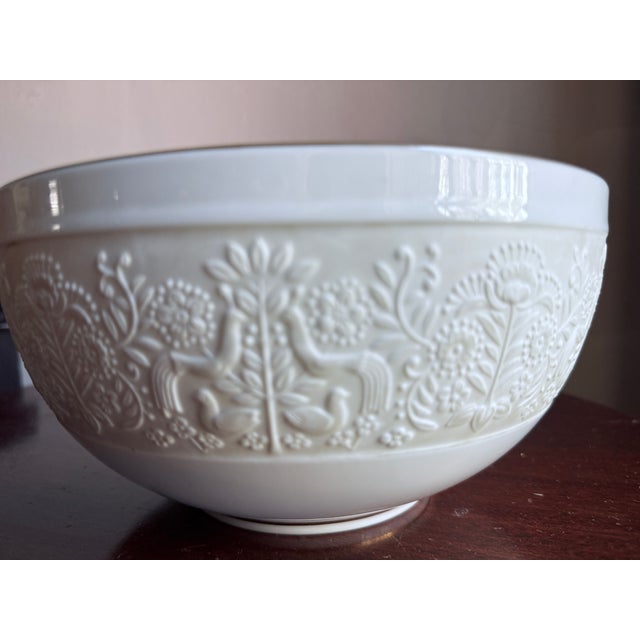 Mid-20th century Noritake porcelain serving bowl, produced in Japan. White-on-white design with a matte embossed exterior...