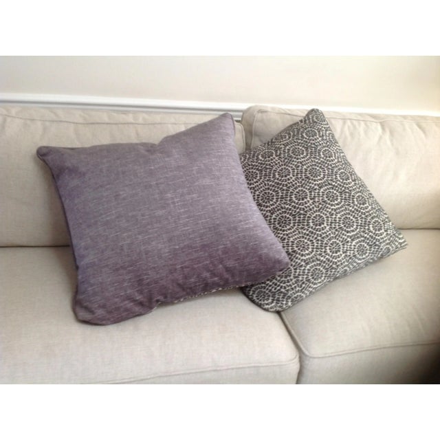 Transitional Transitional Gray and Cream Ikat Pattern Cotton Velvet Pillows - a Pair For Sale - Image 3 of 6