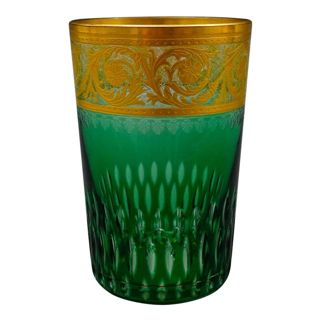 Mid 20th Century St Louis Crystal France Thistle Green & Gold Encrusted Tumbler Glass For Sale