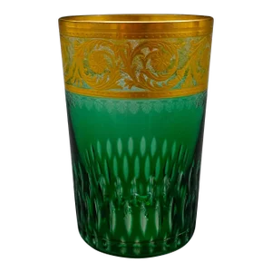 Mid 20th Century St Louis Crystal France Thistle Green & Gold Encrusted Tumbler Glass