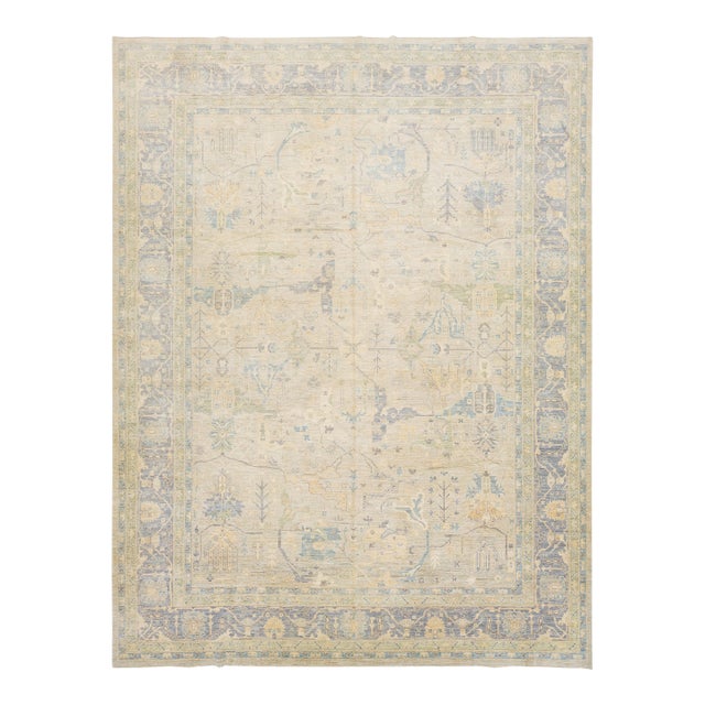 Modern Oushak Style Hand-Knotted Wool Rug in Slate Blue & Ivory Accent Tones For Sale