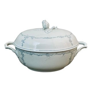 Vintage German Kaiser Rokokoform Dubarry ‘Midinette’ Porcelain Tureen in White With Blue Flowers, Embossed Scrolls & Rosebud Finial Handle on Lid For Sale