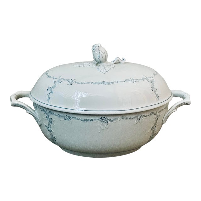 Vintage German Kaiser Rokokoform Dubarry ‘Midinette’ Porcelain Tureen in White With Blue Flowers, Embossed Scrolls & Rosebud Finial Handle on Lid For Sale