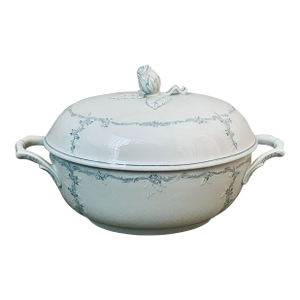 Vintage German Kaiser Rokokoform Dubarry ‘Midinette’ Porcelain Tureen in White With Blue Flowers, Embossed Scrolls & Rosebud Finial Handle on Lid