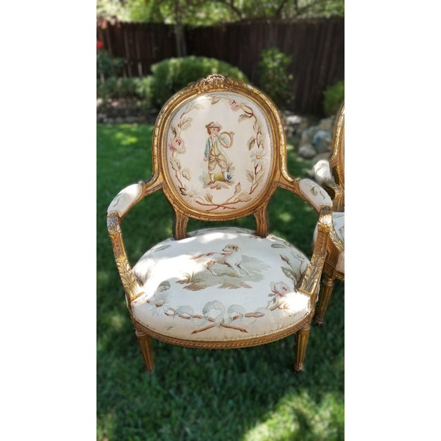 Late 19th c. Louis XVI Revival Giltwood Aubusson Tapestry Salon Suite | Canapé & Four Fauteuils circa 1885~1905 An...