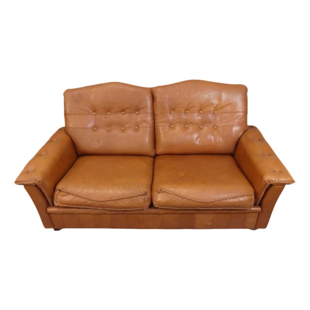 Mid-Century Danish 2-Seater Sofa in Tan Leather attributed to Madsen & Schubell For Sale