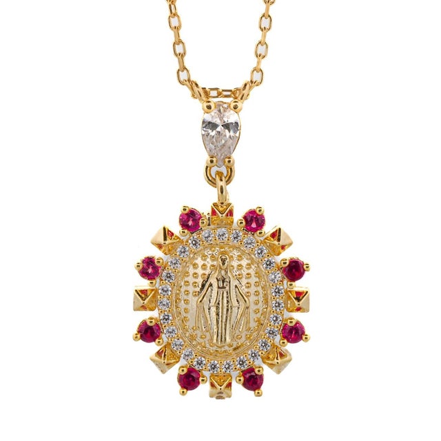 Ruby & Diamond Virgin Mary Pendant Gold Chain Necklace For Sale - Image 9 of 9