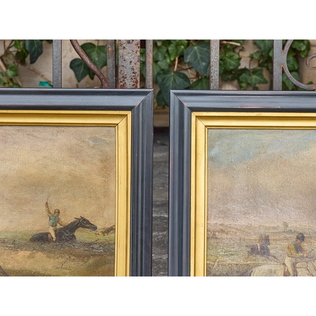 Yellow Mid 20th Century Pair of British Steeplechase Horse Racing Paintings on Board, Framed For Sale - Image 8 of 12