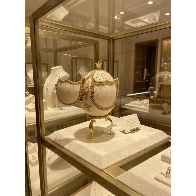 2005 Vintage Fabergé Egg Style XXXXL Pierre Lorren Natural Egg Hand Carved Faberge Style Music Austrian Crystal Pure Gold Deco Handmade 5.1" X 5.9" For Sale - Image 4 of 15