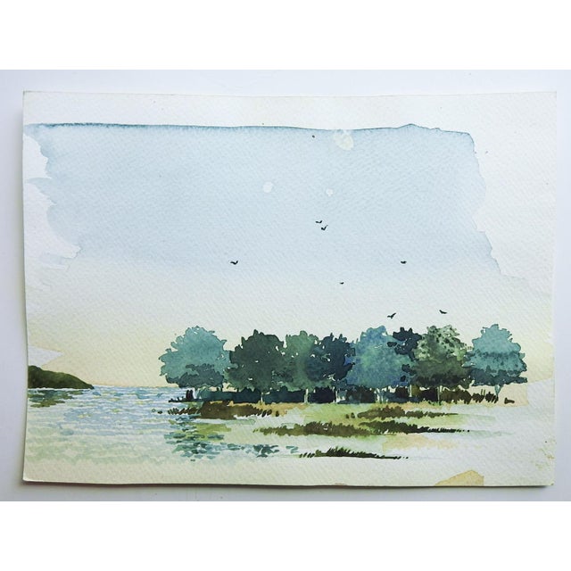 Rustic Small Mid 20th Century Coastal Landscape With Trees Watercolor Painting For Sale - Image 3 of 3