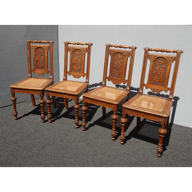 Jacobean Set of Four Antique Jacobean Oak Cane Dining Chairs W Carved Backrests For Sale - Image 3 of 12